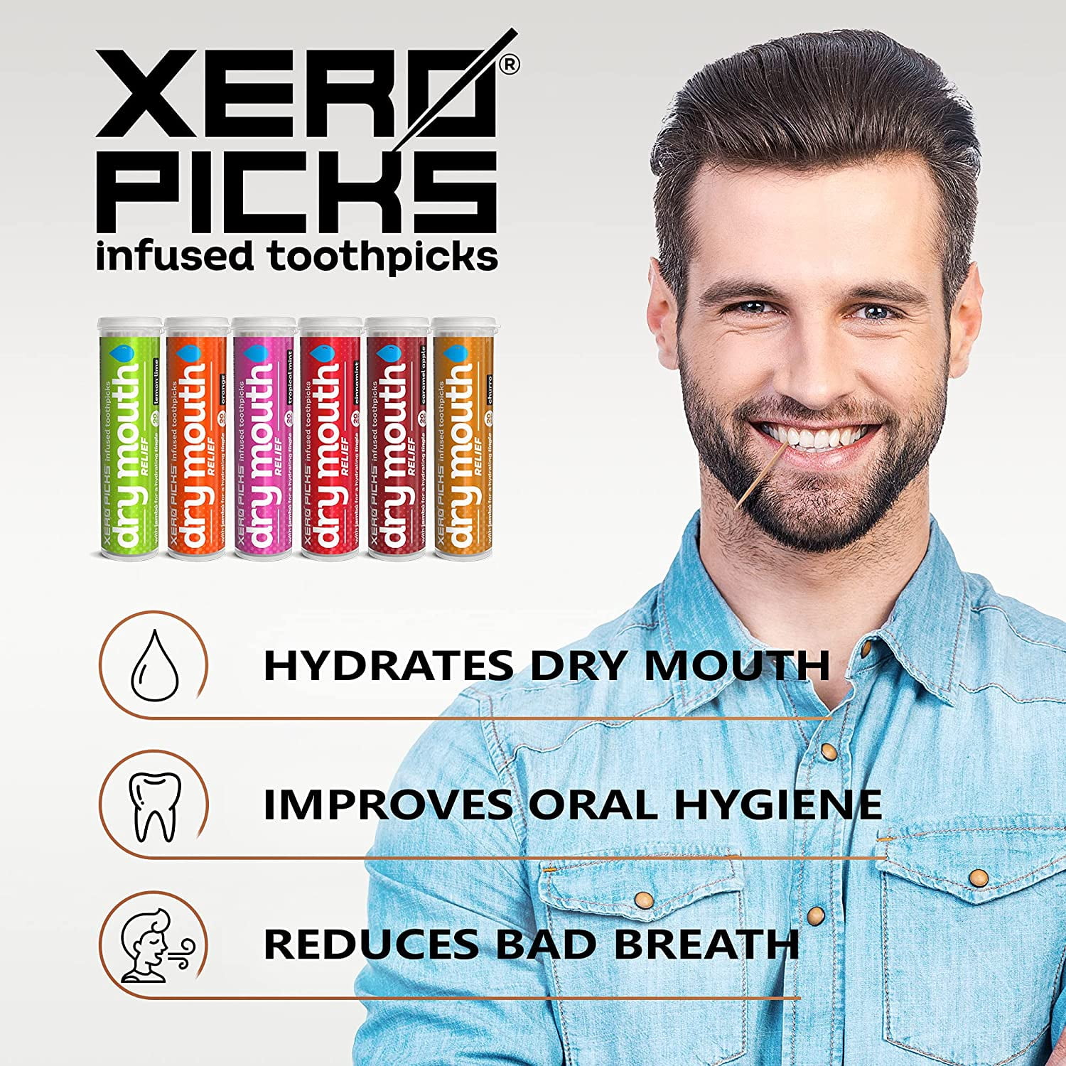 Dry Mouth Toothpicks – Xylitol Infused Flavored for Fresh Breath & Saliva Support Long Lasting Oral Hydration Variety 6 Pack (Cinnamon Mint, Churro, Caramel Apple More)