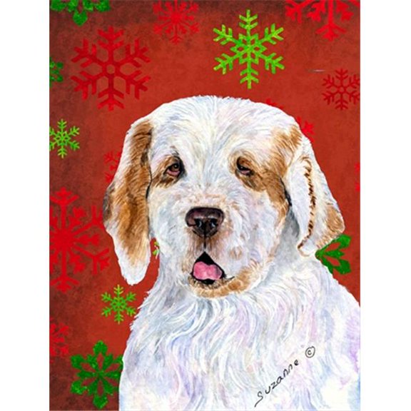 Clumber Spaniel Red and Green Snowflakes Holiday Christmas Flag Garden Size