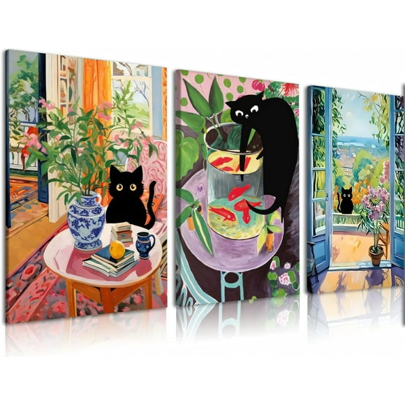TRAHOO-Wall Art, Fun Living Room and Restaurant Wall Art 3pcs Modern Henri Matisse Cat Print Wall Art Canvas Painting Art, For Living Room Decor 12 * 16 inches(frameless) Wall Art 4 (frameless)