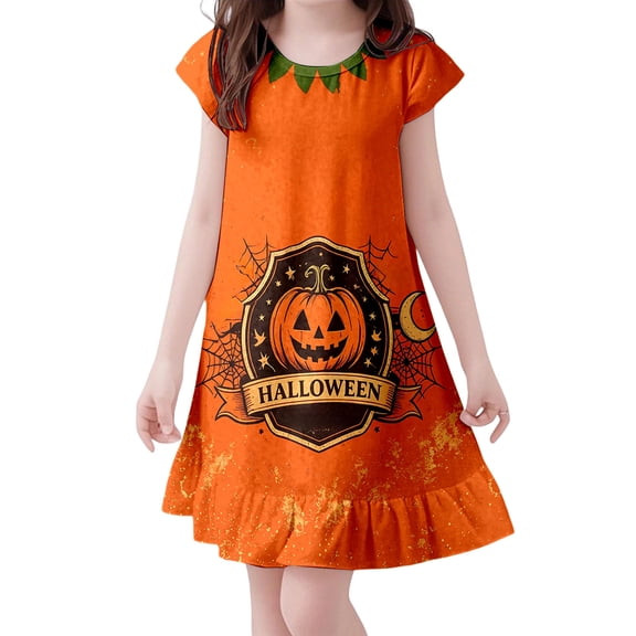Likimi Infant Toddler Girls Hallowmas Dress Crew Neck Flutter Sleeve Halloween Pumpkin Print For Party Fashion Sleep Dresses Size 3-4 Years