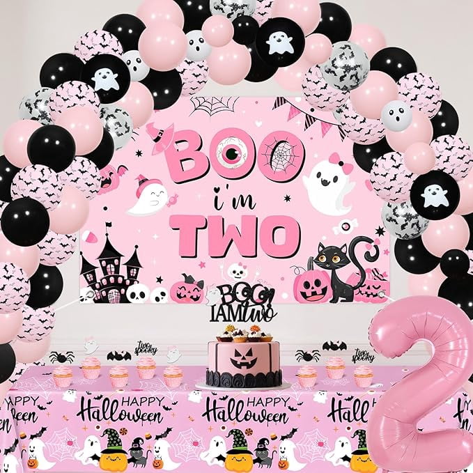 Halloween 2nd Birthday Decoration Girl Boo I’m Two Backdrop Cake Cupcake Topper Table Cloth Pink Black Halloween Foil Balloon Garland Arch Kit for Two Spooky 2 Years Old Birthday Decoration