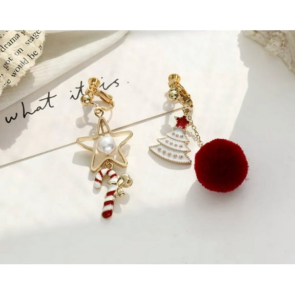 Clip on 2 1/4" and 2" gold, red and white two style candy cane dangle Christmas earrings.