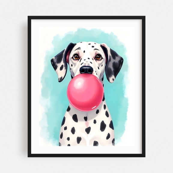 Bubble Gum Dalmatian - Painting Dog Whimsical Pop Art Animal Humor Illustration Modern Art Black Framed Wall Art Print 11 x 14 inches
