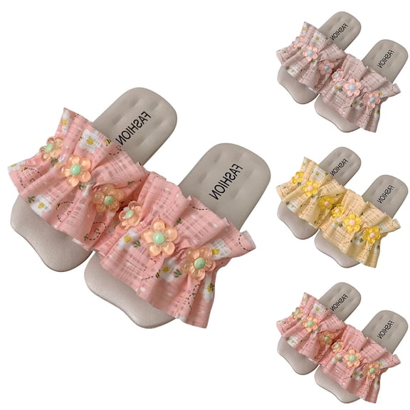 YHAJDS Girl's Slippers Ruffle Trim Japanese Princess Style Non Slip Indoor Beach Slides