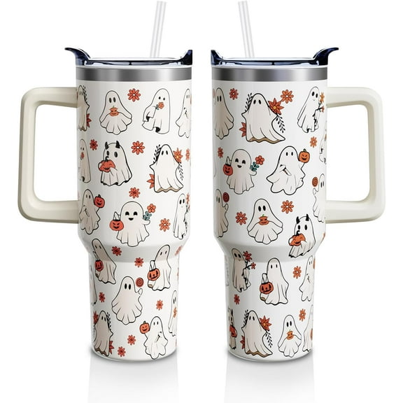 Halloween Tumbler 40oz - Spooky Cute Ghost Design, Stainless Steel Insulated Water Bottle with Handle & Straw - Reusable Cup, Holiday Gift for Women & Men (Unisex)