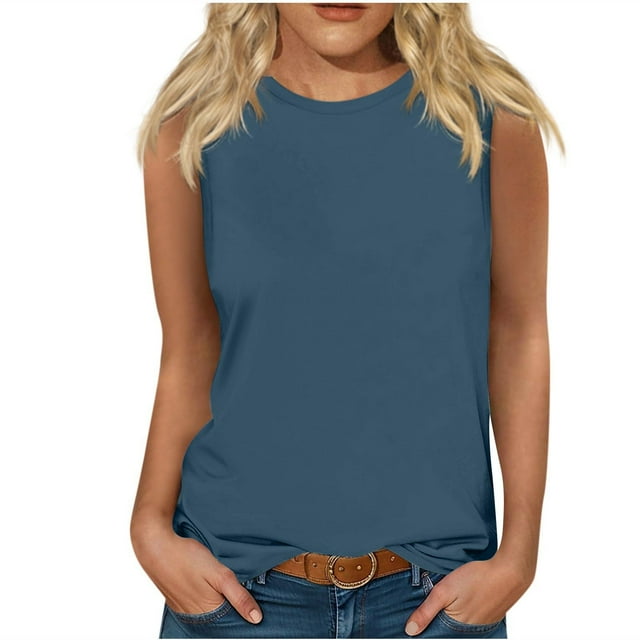 Yuyuzo Tops Sans Manches pour Femmes Col Rond Débardeurs Couleur Unie Été T-Shirts Lâches Chemises de Base