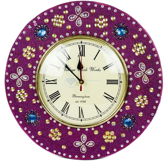 Nagina International Embroidered Contemporary Traditional Round Handcrafted Clock with Roman Dial Face | Quartz Wall Decor Clock