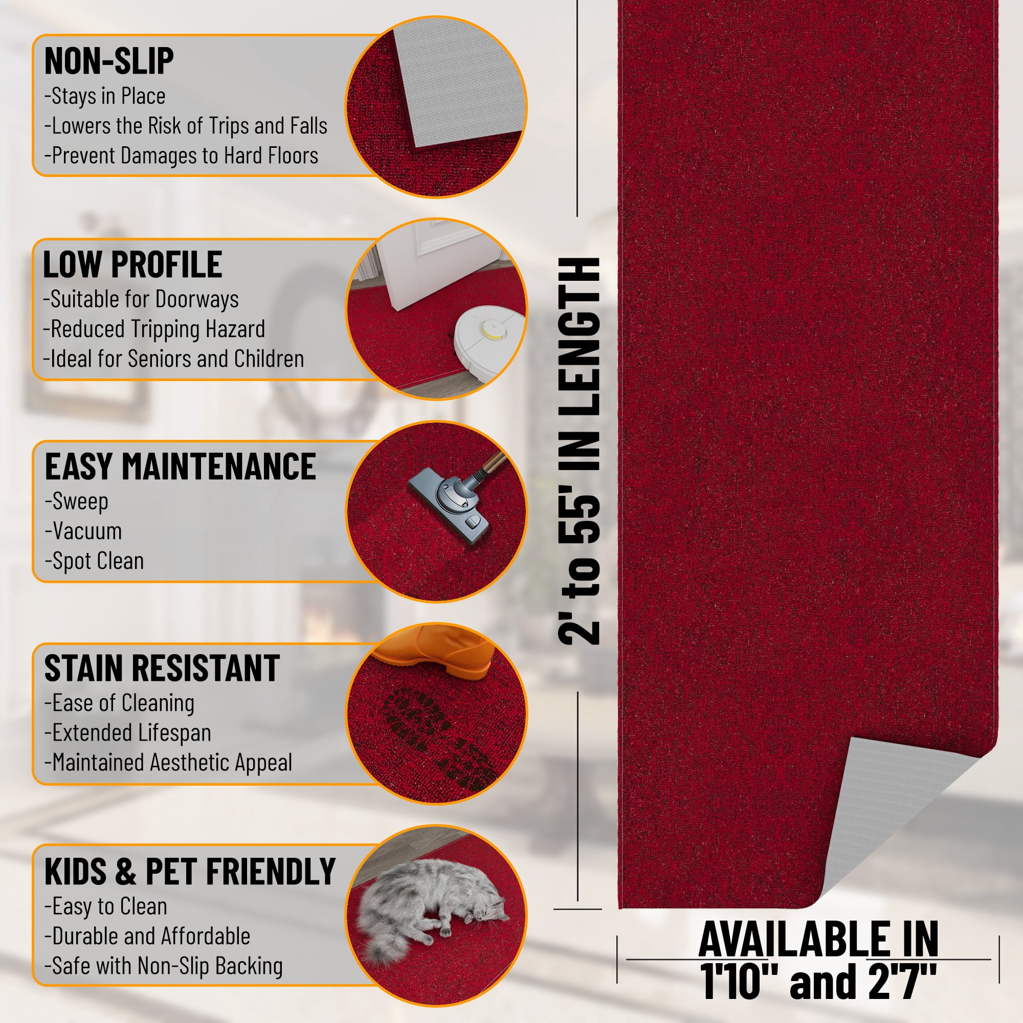 Ottomanson Extra Long Hallway Runner Rug 2x20 Non-Slip Rug for Kitchen or Bedroom, 1'10" x 20', Red