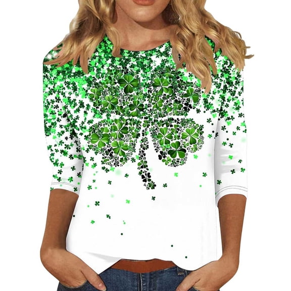 CONZONE St. Patrick's Day Women's T-Shirts 3/4 Sleeve T-Shirts for Women Trendy Clover Graphic Soft Loose Fit 2026 Fashion Tops for Lady