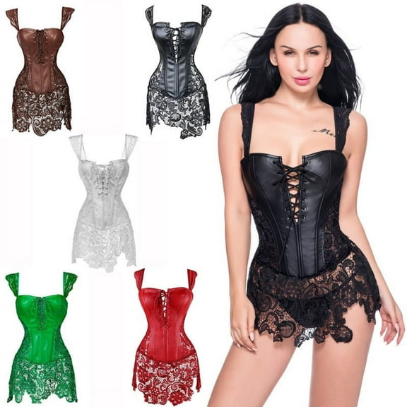 Miss Moly Gothic Burlesque Corset Dress Lace Skirt Faux Leather Bustier Zipper Black XL