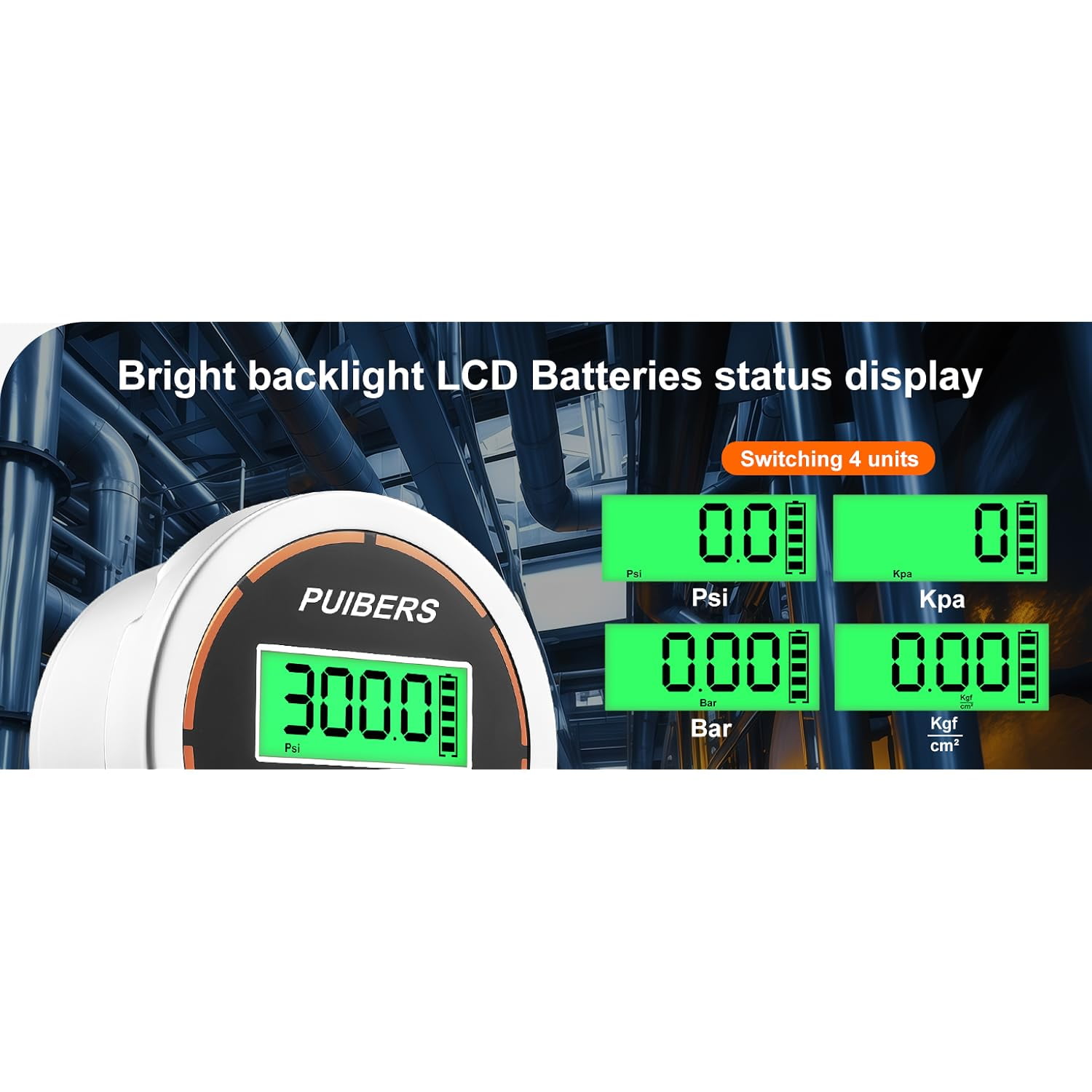 300 Psi Digital Water Pressure Gauge 1/4 NPT Lower Mount，Media Water, Air or Oil Pressure Gauge 304 Stainless ±0.25% Accuracy,Suitable for Home Water Pipe, HVAC,Air Pressure Measuring