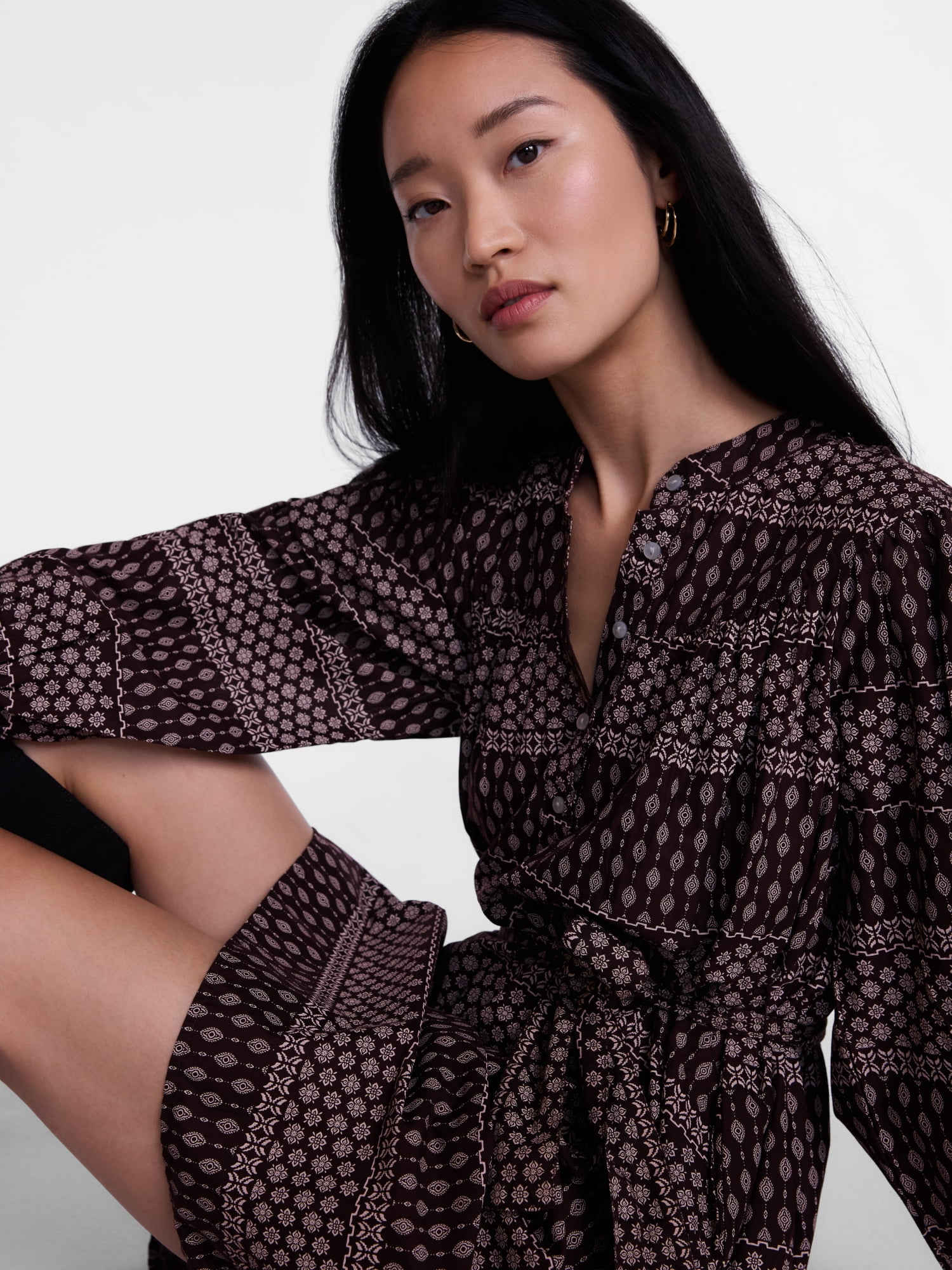 Scenario Women's Band Collar Shirtdress with Long Sleeves, Sizes XS-XXXL