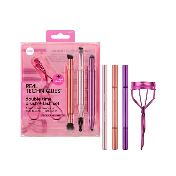 Set de brochas de maquillaje Real Techniques Double Time con rizador de pestañas