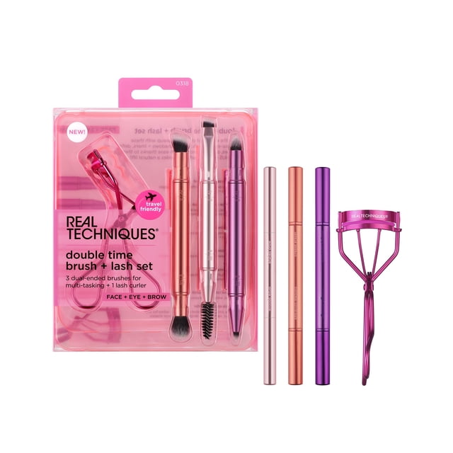 Set de brochas de maquillaje Real Techniques Double Time con rizador de pestañas