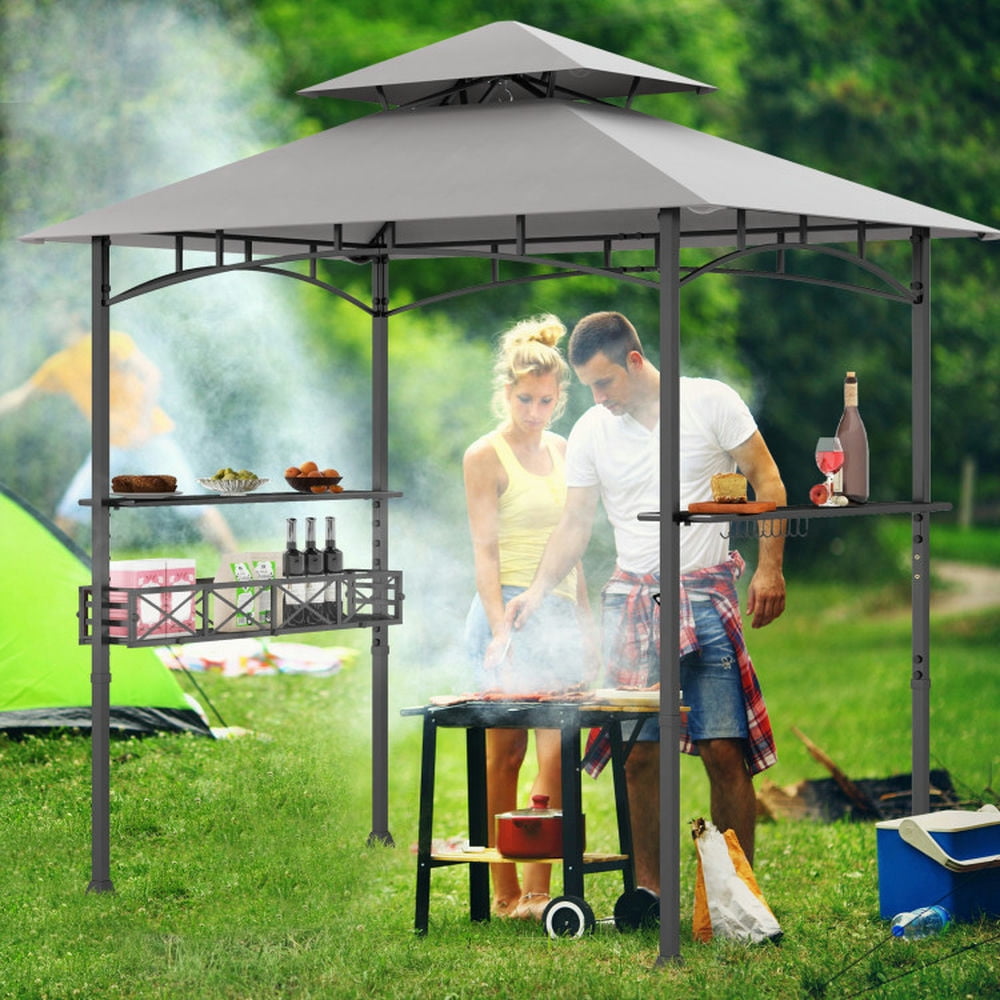 Spaco Outdoor Gazebo,Patios Gazebos,8 x 5 FT Outdoor Grill Gazebo with 2 Side Shelves and 20 Hooks-Gray