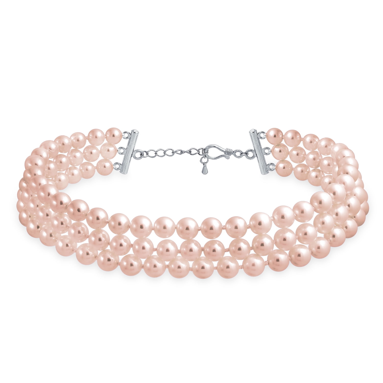 Hand Knotted 3 Row Wide Pink Imitation Pearl Strand Choker Necklace