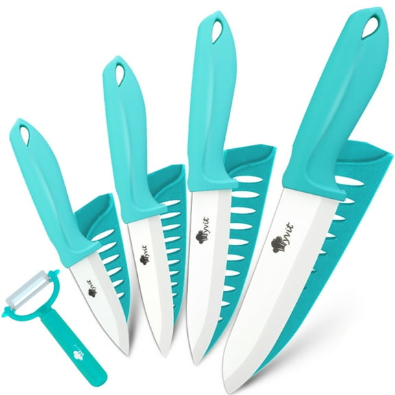 Ceramic Knife Set 5-Piece Sharp Chef Knives One Peeler Non Rust White Blade with Sheaths 6-inch Serrated Bread Knife Non Rust Advantage Slicer