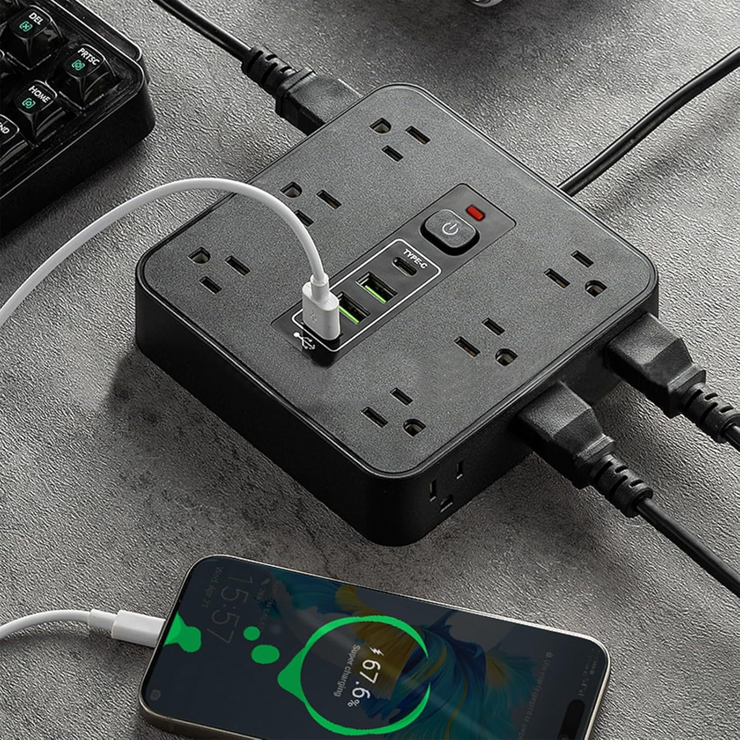 16-in-1 Power Strip with Switch & Surge Protection, 6.5FT Flat Plug Power Strip Surge Protector with 12 Outlets 2 USB & 2 Type-C Ports for Home Office