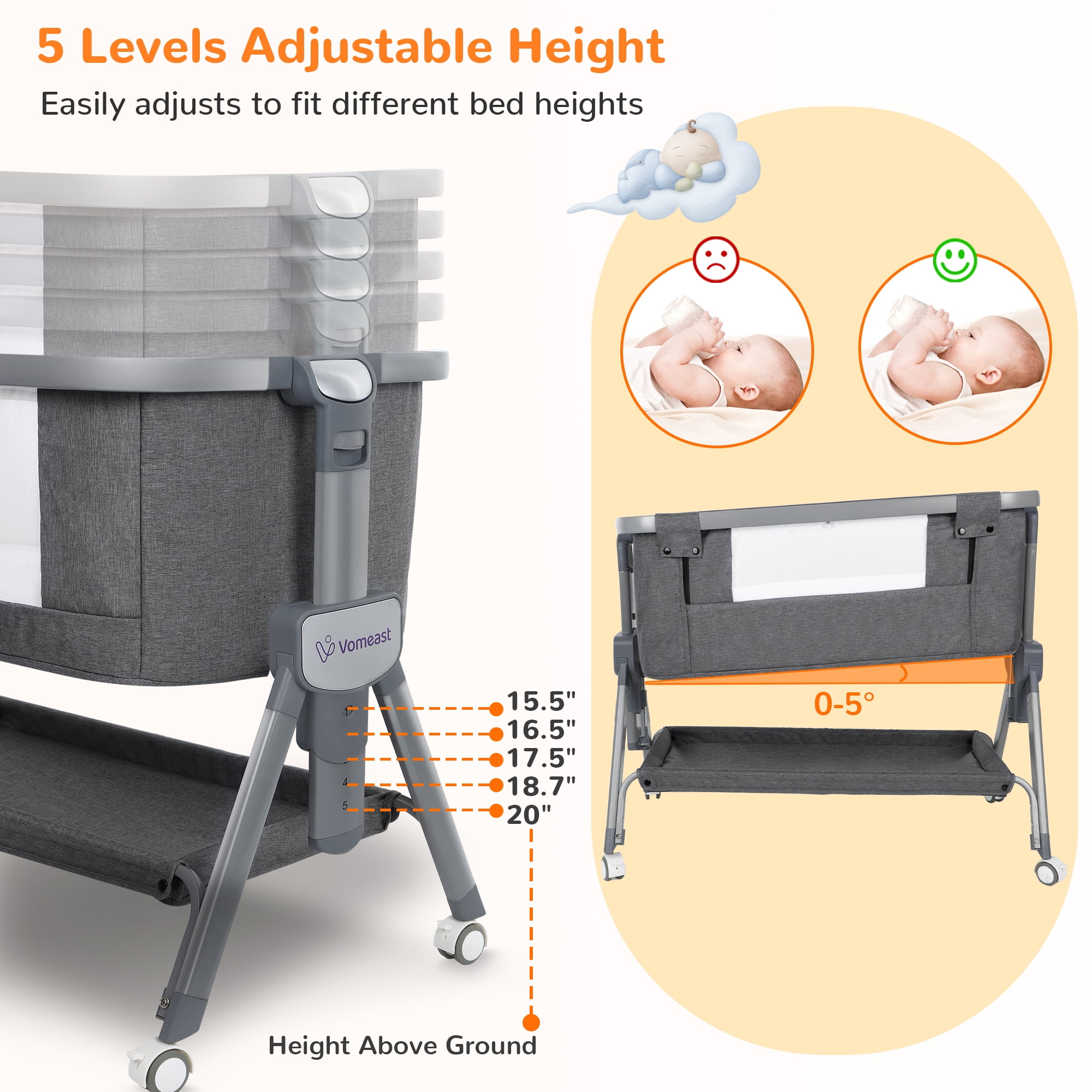 Vomeast Baby Bassinet Bedside Sleeper with Wheels, Adjustable Height, Dual-Lock, Storage Bag for Newborns Infants, Gray