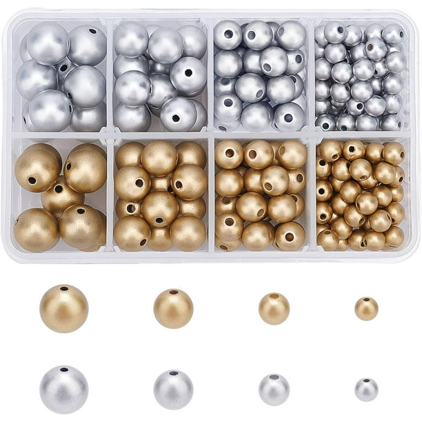 294 cuentas acrílicas pintadas con aerosol, 4 tamaños, estilo mate, redondas, con orificio de 2 mm para la creación de collares, pulseras, pendientes y bisutería. Color plata y dorado.