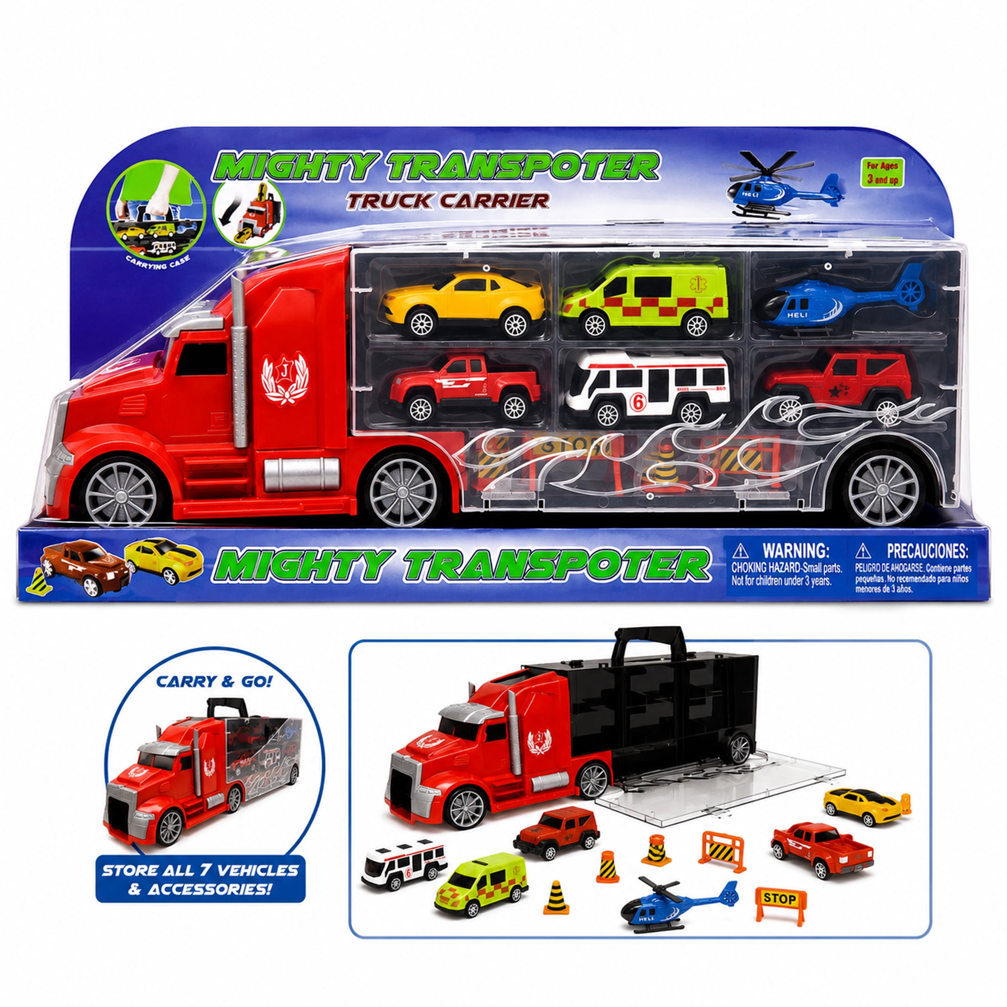 11-Piece Toy Truck Carrier Set with Mini Vehicles, Big Rig Transporter Playset with Cars, Helicopter, Bus & Road Signs, Storage Truck Toy for Kids Ages 3+