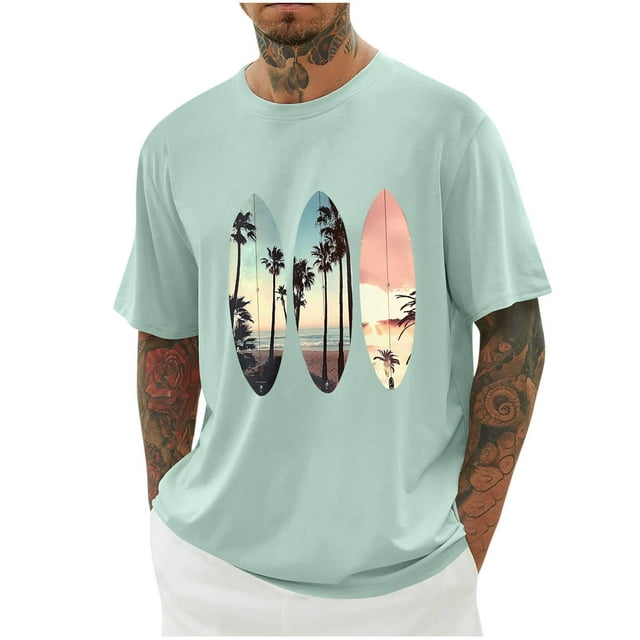 Ceisia Men's Loose Dropped Shoulder Hawaiian Surfboard Print Short Sleeve T-Shirt Casual Summer Top Green XL Gifts