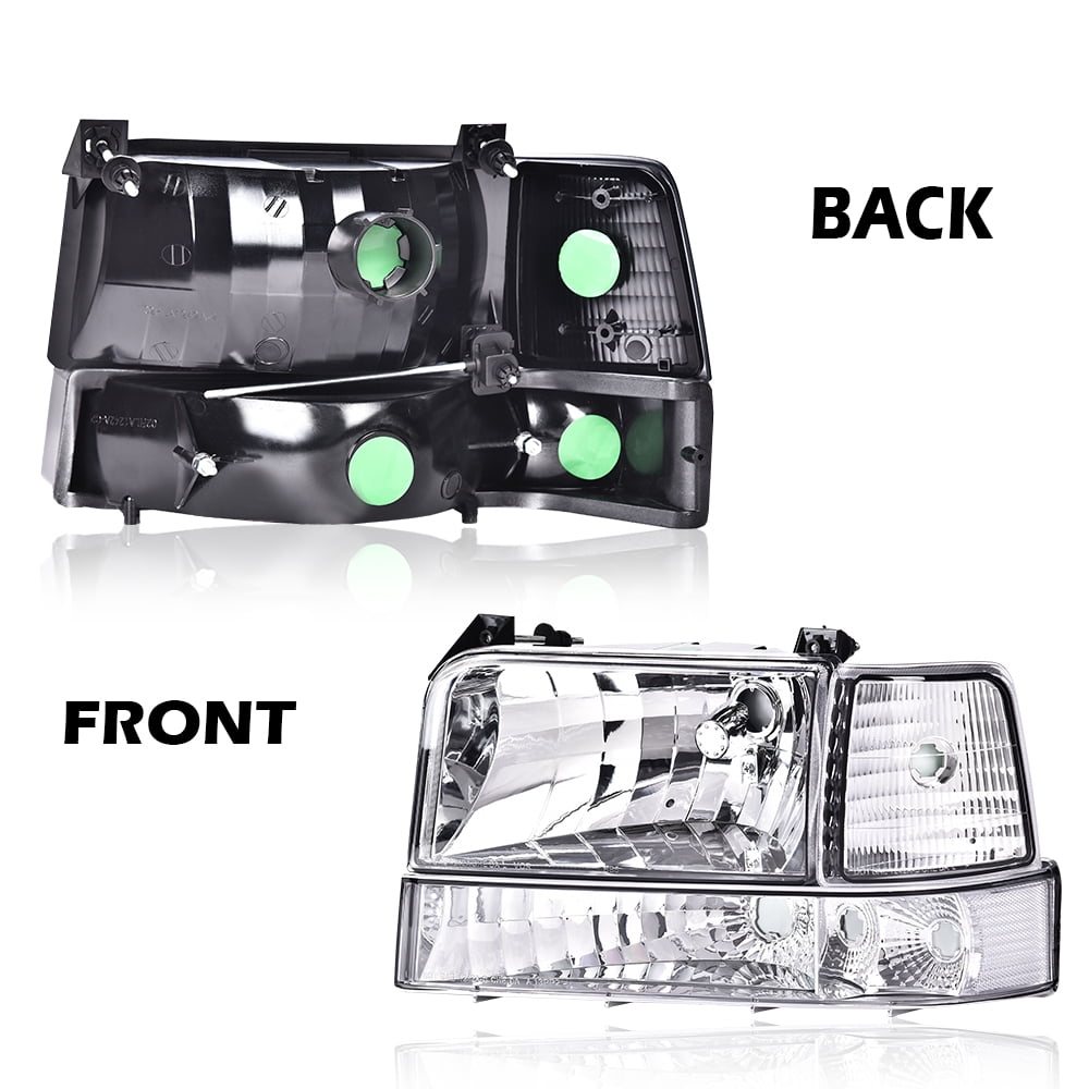 CROSSDESIGN Headlights w/Corner Signal Bumper Lamps Fit for 1992-1996 Ford F150 F250 F350 Bronco