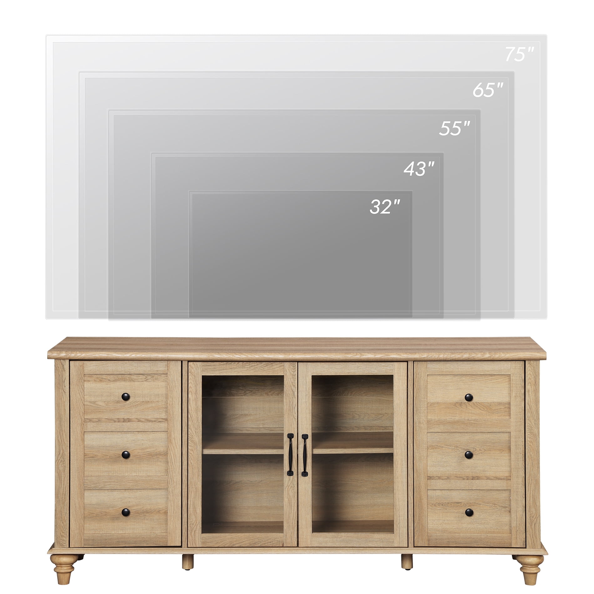 Oak Glass Door TV Stand for TVs up to 60", Farmhouse Television Stands for Living Room