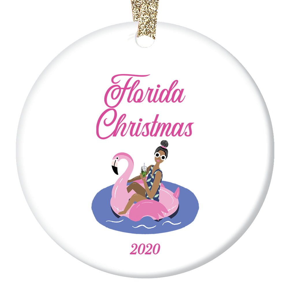 Florida Christmas 2020 Tree Ornament Pink Flamingo Beach Poolside