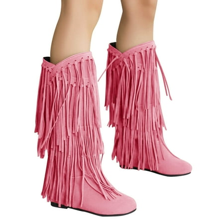 Oyedens Tassel Mid Calf Cowboy Boots for Women Vintage Long Fringe Hidden Heels Riding Knee High Boots