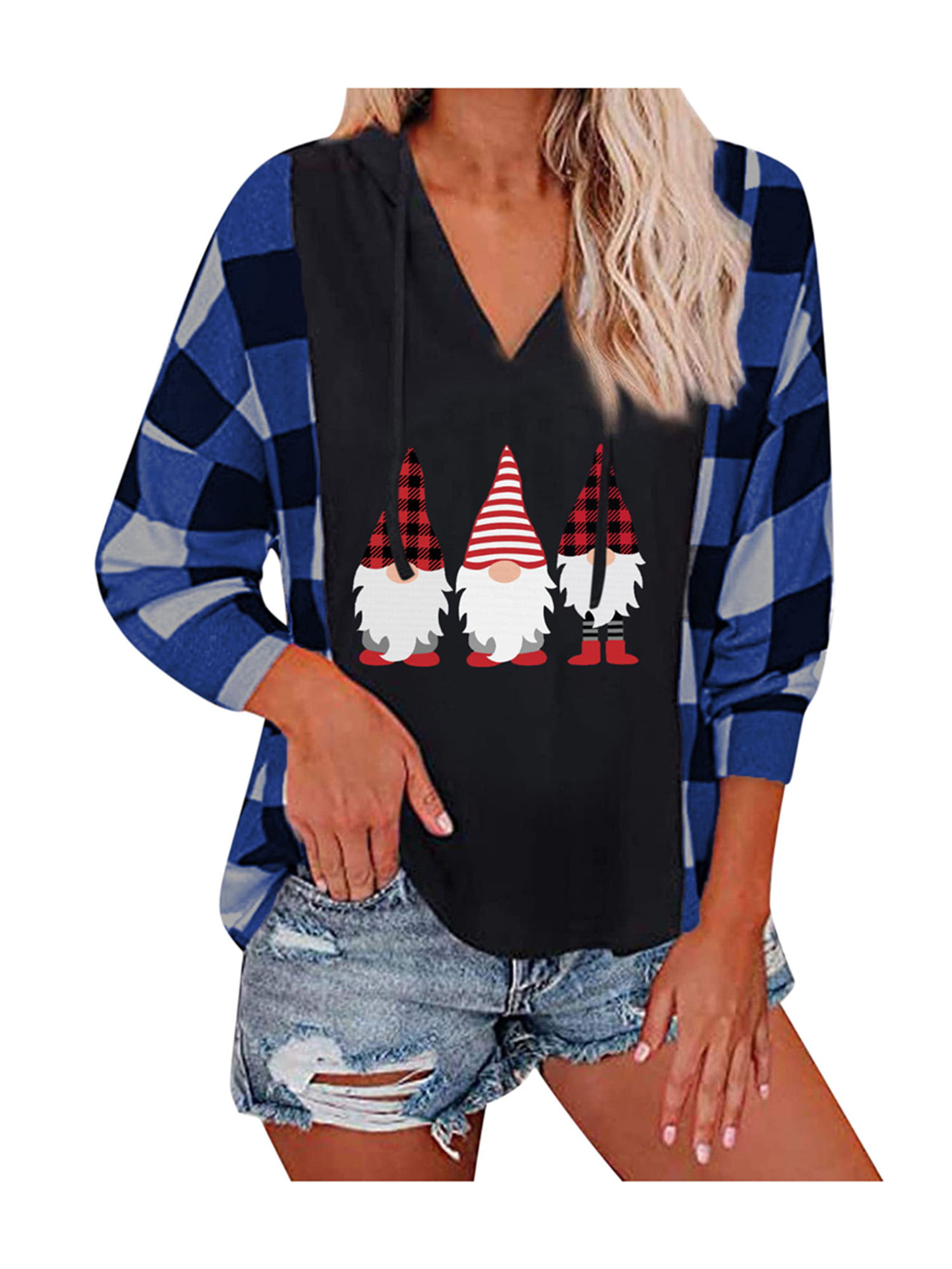 Christmas Womens Hoodie Long Sleeve Casual Sweatshirts Xmas Plaid Printed Pullover Fashion Hooded Tops with Pockets