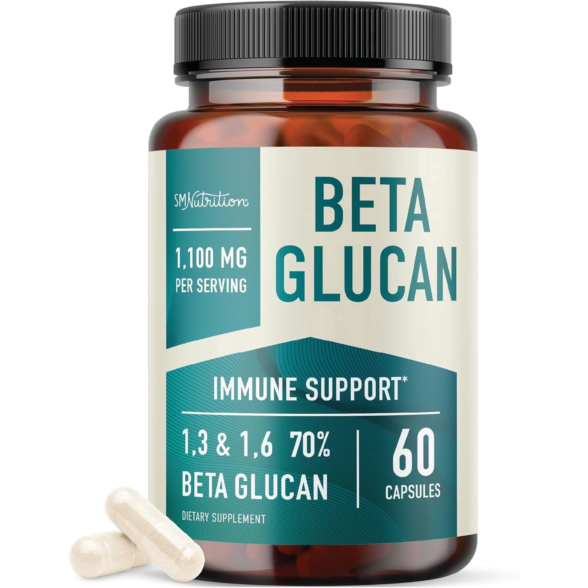 Beta Glucan Supplement 1100 mg per Serving, 1,3 & 1,6 Beta Glucans, 85% Concentrated Formula, Non-GMO, Vegan, Gluten-Free, 60 Capsules