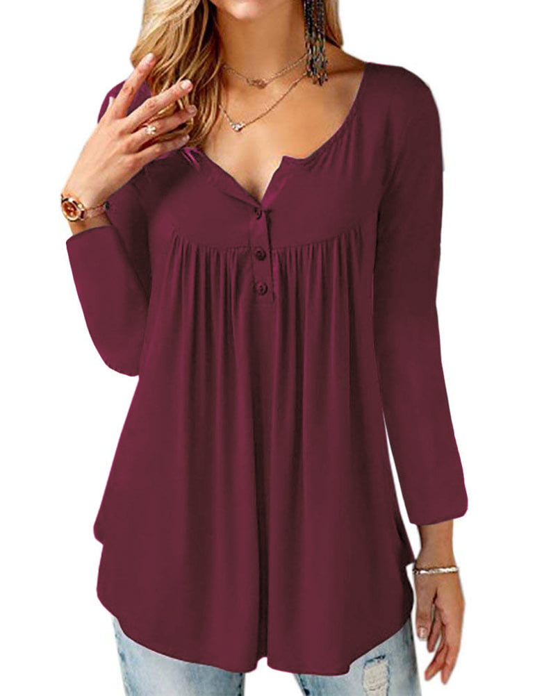 TWY Women Long Sleeve Ruched Button Solid Color Tunic Tops - Walmart.com