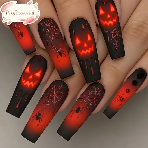 24Pcs Long Coffin Halloween Press On Nails,Matte Black Red Fake Nails,Full Cover Reusable Gothic Stick On False Acrylic Nails for Women Girls Halloween Cosplay Costume Party Manicure Supplies
