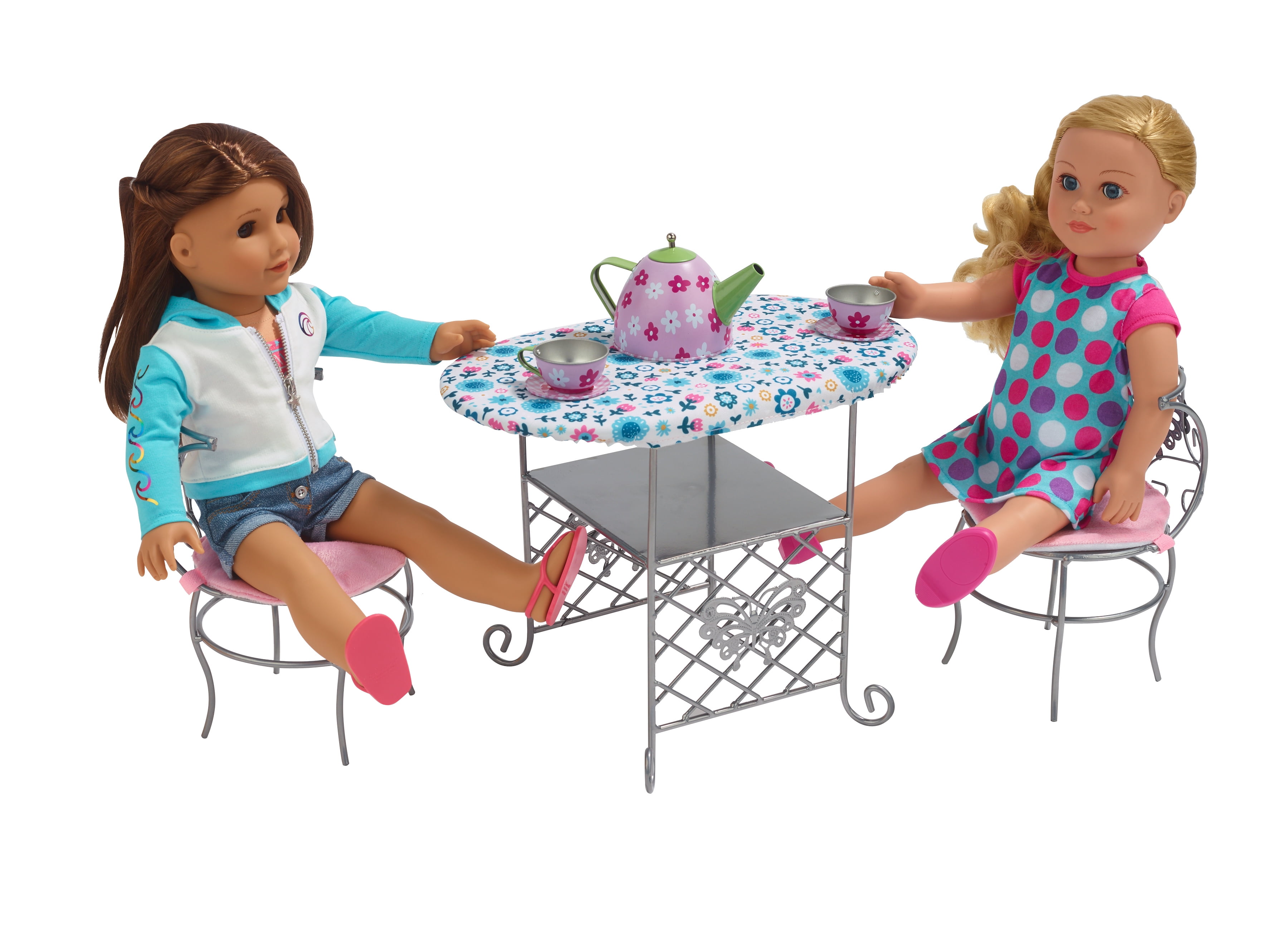 Badger Basket Tea Time Metal Doll Table And Chair Set With Accessories Silver Pink Multi Fits American Girl My Life As Most 18 Dolls Walmart Com Walmart Com