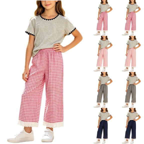 Bovxnpu Girls 2 Piece Outfits Short Sleeve Top and Elastic Plaid Pants Casual Outfits Set