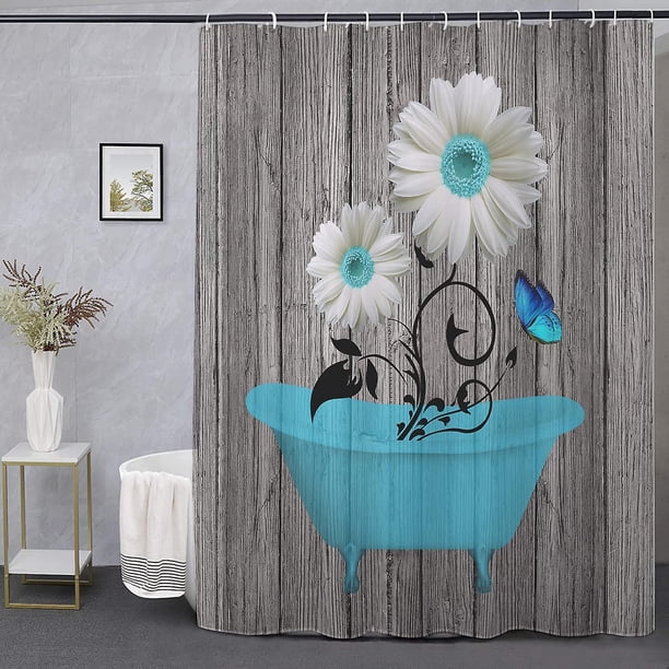 Juego de cortinas de ducha, cortina de baño de tela floral gris, estilo de granja campestre estadounidense (180 x 180)