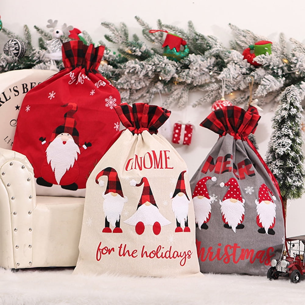 Neinkie Santa Sacks Drawstring Bags Buffalo Plaid 3D Design Christmas Bags for Christmas Party Supplies Gift Bag Ornamental Large Capacity Christmas