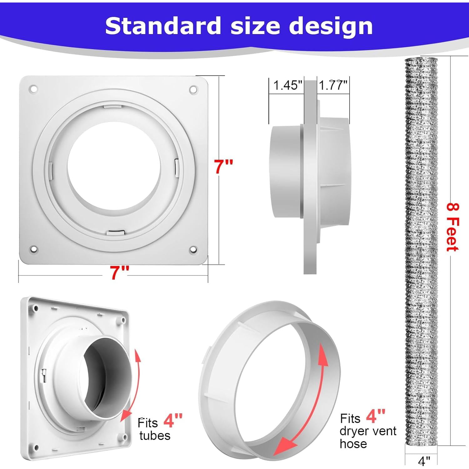 Dryer Vent Hose Connector Kit,dryer Vent Wall Plate With Hose(4 Inch 8 Feet),dryer Duct Connector With Quick Connect & Disconnect,covers Area 7inch X 7inch,fits 4 Inch,for Dryer Washer Bathroom