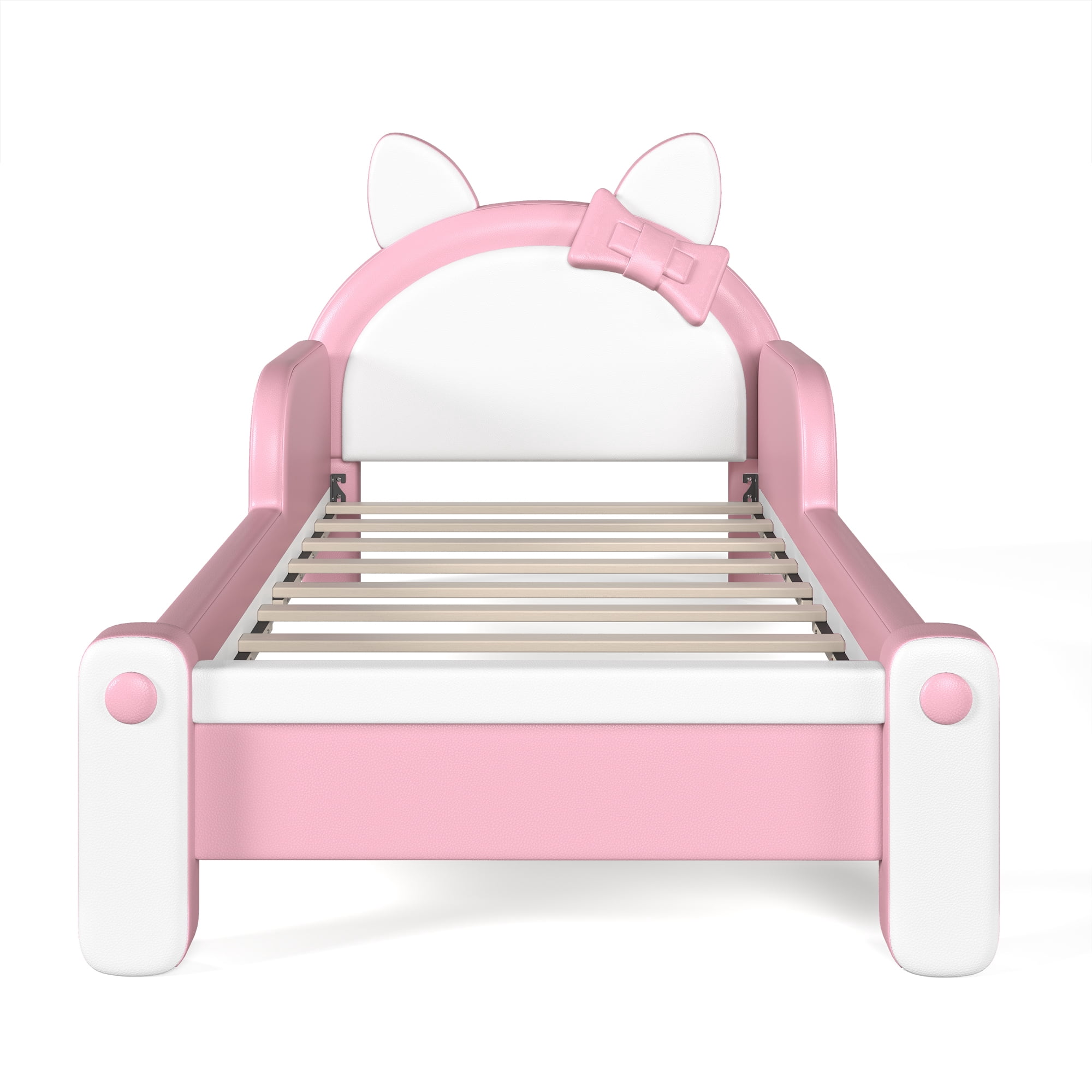 HOQBN Twin Size Cute Cat Shaped Upholstered Kids Platform Bed, Princess Style Low Profile Children Bed Frame for Bedroom White & Pink
