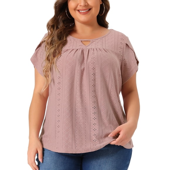 Blusas casuales con cuello de llave y mangas de pétalo para mujer de tallas grandes Agnes Orinda 1X Rosa