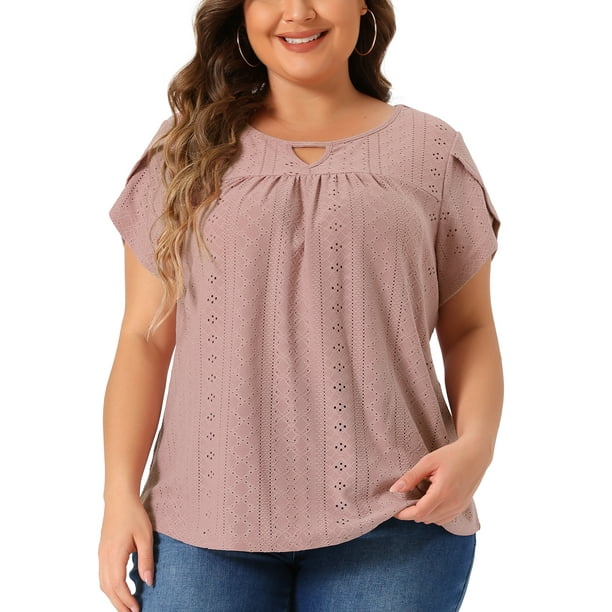 Blusas casuales con pliegues de manga de pétalo y cuello con abertura para mujeres de tallas grandes Agnes Orinda 2X rosa