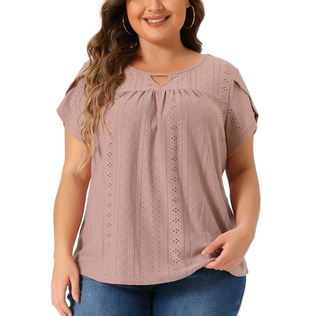 Blusas casuales con pliegues de manga de pétalo y cuello con abertura para mujeres de tallas grandes Agnes Orinda 2X rosa