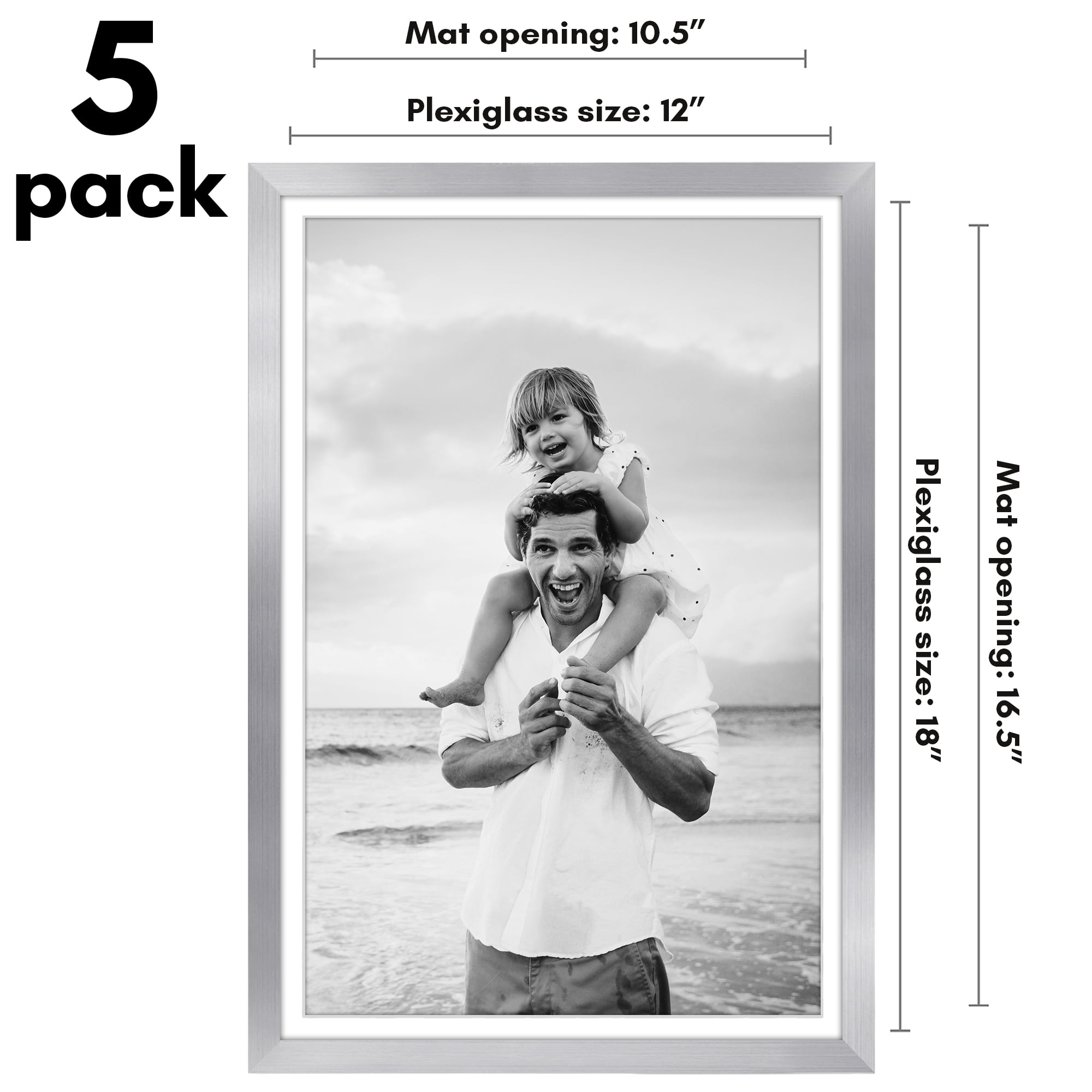 Americanflat 12x18 Poster Frame with Polished Plexiglass with 11x17 Mat 5 Pack Display Photo Galleria - Silver