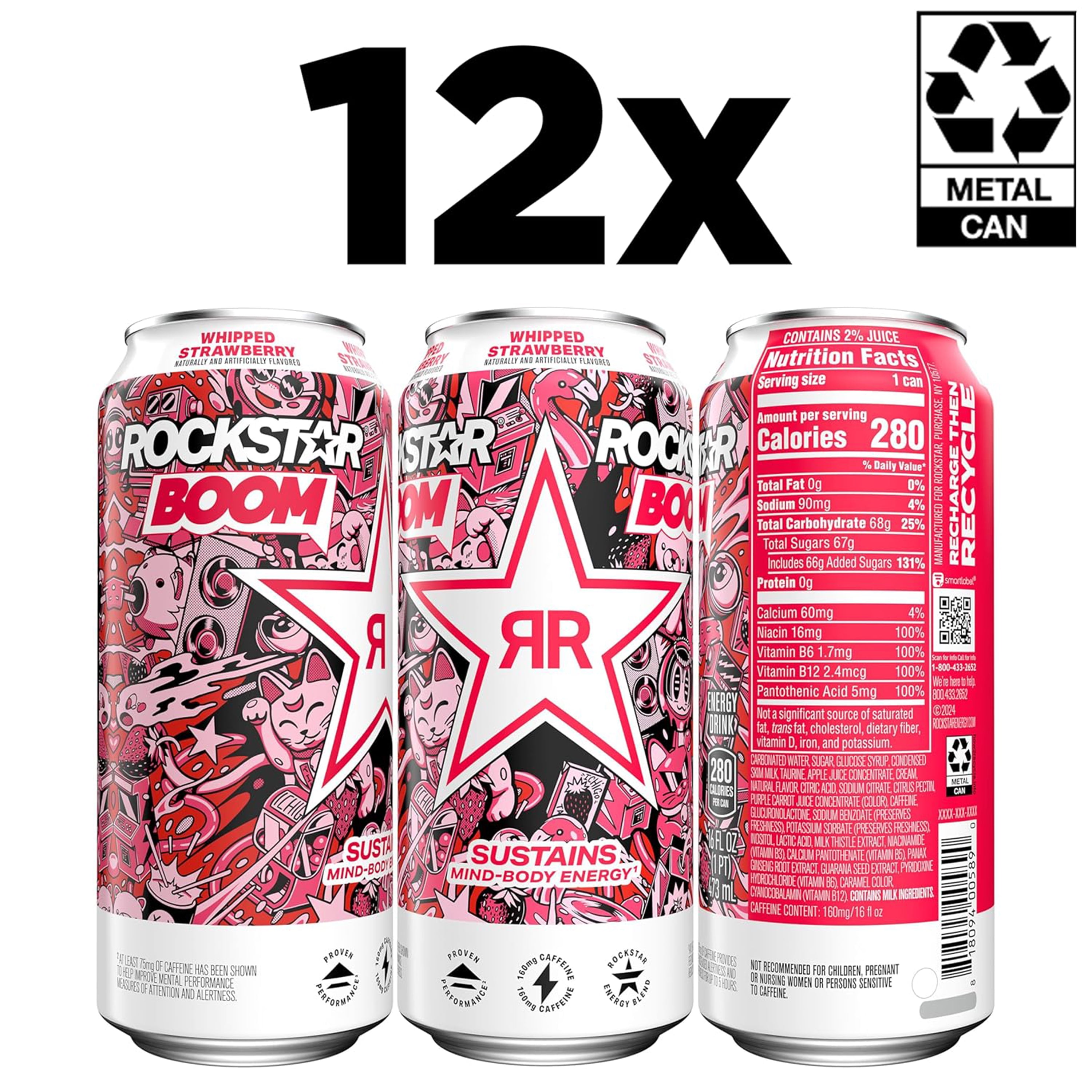 Rockstar Boom! Whipped Strawberry Energy Drink, 16 fl oz, 12 Pack Cans