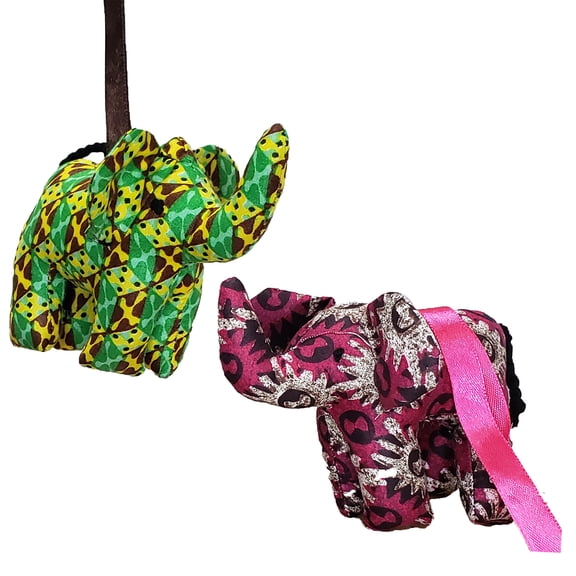 African Kitenge Fabric Hanging Elephant Figurine Ornament Each Hand Made Using Remnants of Fabric, Makes For Great Christmas Tree Holiday Arrangement Decor Set of 2