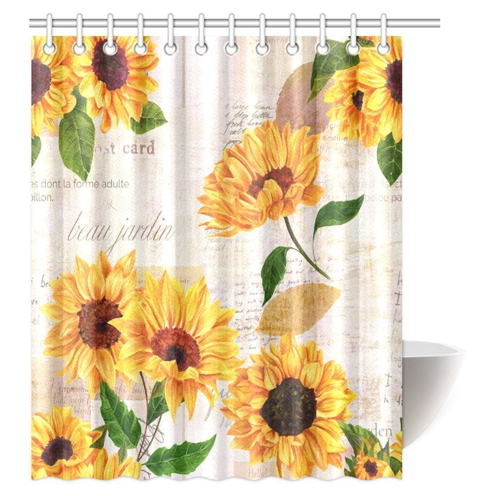 MYPOP Vintage Style Floral Shower Curtain, Vibrant Yellow Watercolor  Sunflowers on the Background of Old Letters and Newspaper Bathroom Shower  Curtain 