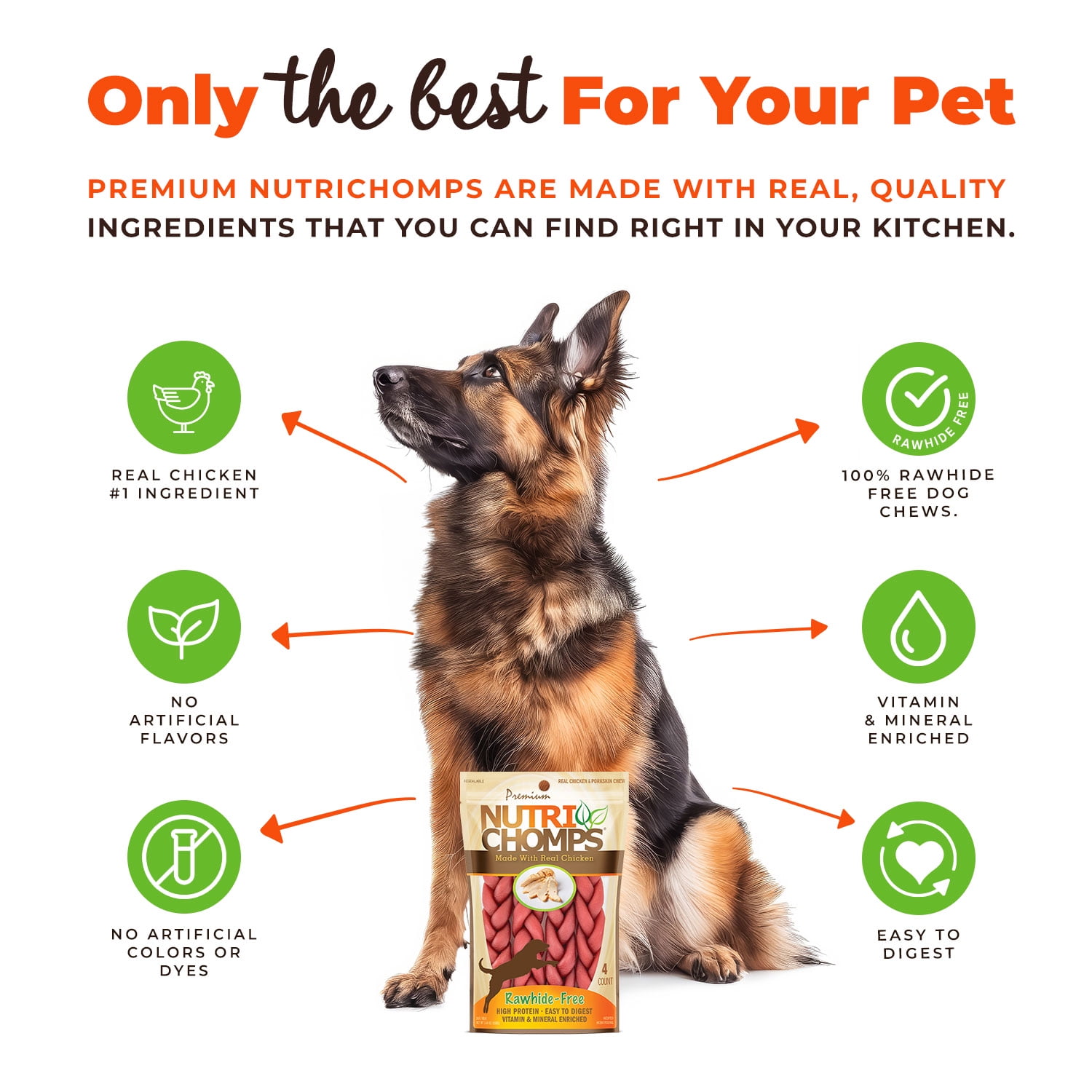 Nutri Chomps Premium Rawhide-Free Braided Dog Chews, Real Chicken, 6 Inch, 4 Count
