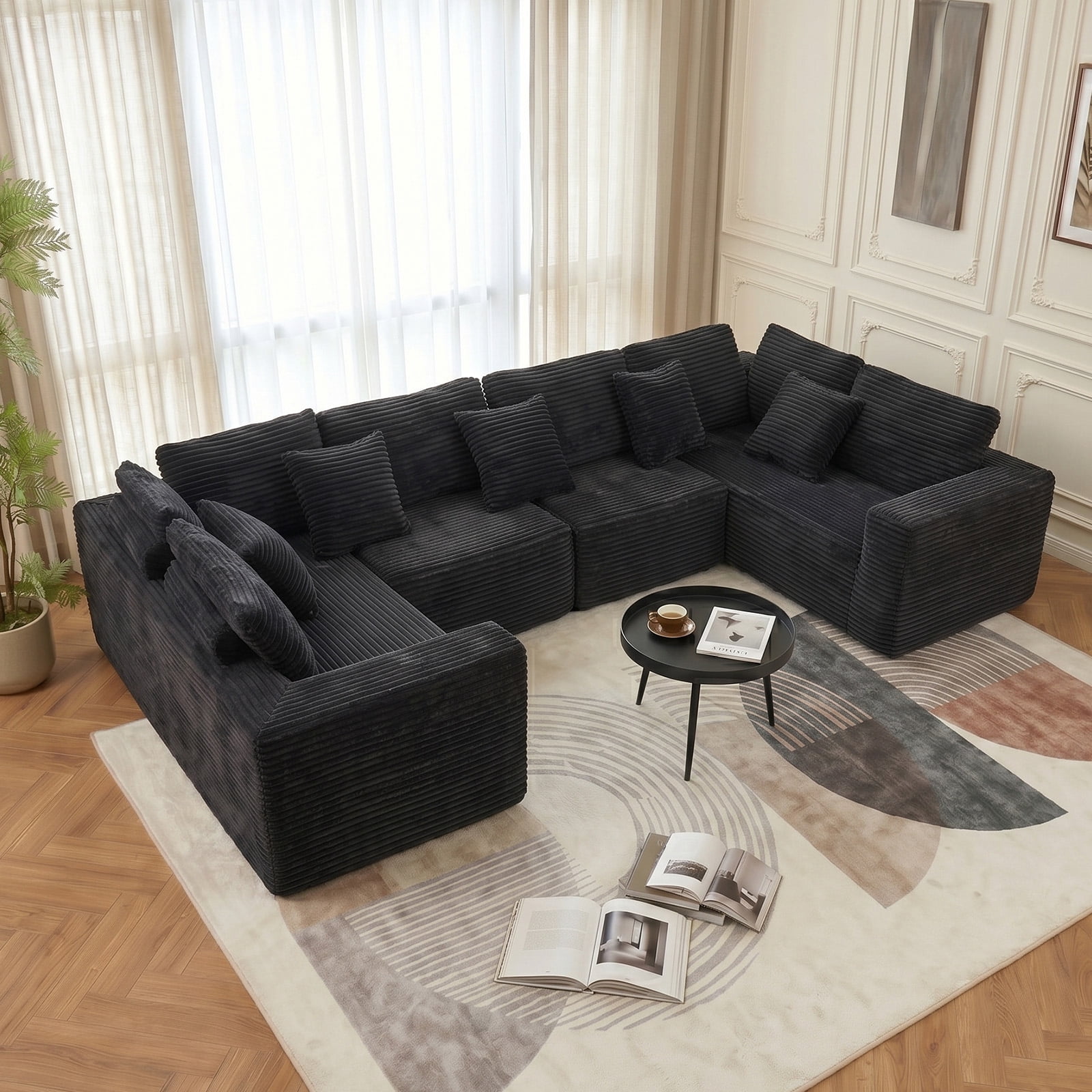 SOULART 135.5" U Shaped Sectional Couch,Black Cloud Boneless Sofa For Living Room,Plush Corduroy Couches With Deep Seat Chaise Lounge,No Assembly Required