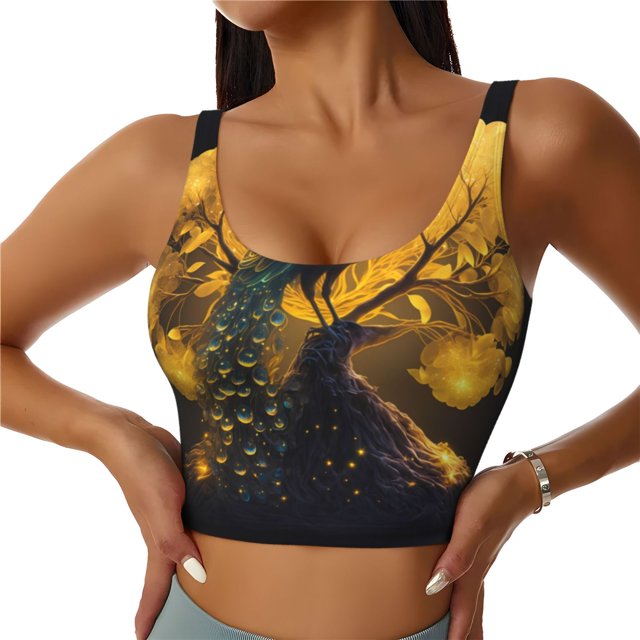 Balery Elegant Gold Leaf Peacock Sujetadores deportivos con espalda cruzada para mujer, acolchados, sin costuras, de alto impacto, ideales para yoga, gimnasio, entrenamiento y fitness.-Medium